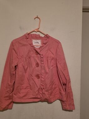 Sonoma Women's Pink Ruffle Trim Button Front Jacket Pockets Long Sleeve Size L